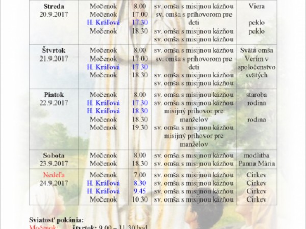 Program obnovy misií vo Farnosti sv. Klimenta v Močenku  19. - 24.9.2017