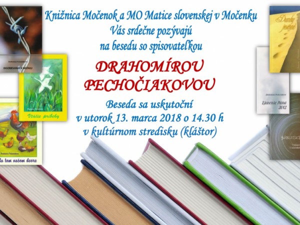 Pozvánka na besedu so spisovateľkou Drahomírou Pechočiakovou