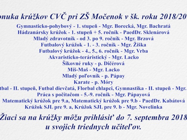 Ponuka krúžkov CVČ pri ZŠ Močenok pre šk. r. 2018/19