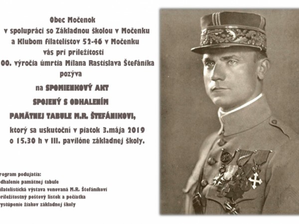 Pozvánka na spomienkový akt spojený s odhalením pamätnej tabule M. R. Štefánikovi