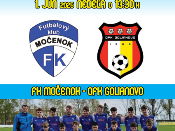 Futbalový klub Močenok vás srdečne pozýva na majstrovské stretnutie dorastencov dňa 01. júna 2025