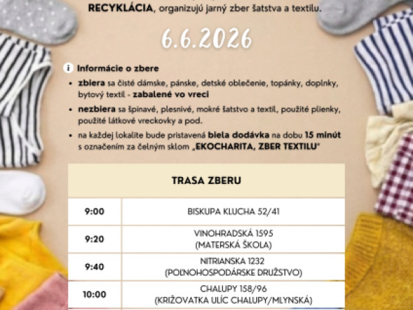 Zber šatstva a textilu v obci sa uskutoční 6. júna 2026