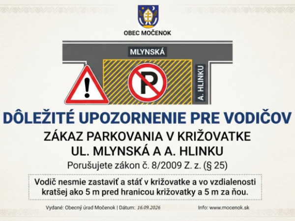 Dôležité upozornenie k zákazu parkovania v križovatke ulíc Mlynská a A. Hlinku