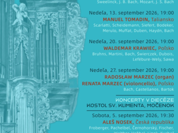 V sobotu 26. septembra o 19.30 sa uskutoční v Kostole sv. Klimenta v Močenku organový koncert. Hrať bude Vladimír Kopec.