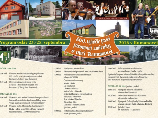Pozvánka obec Rumanová - Program osláv 23. - 25. septembra